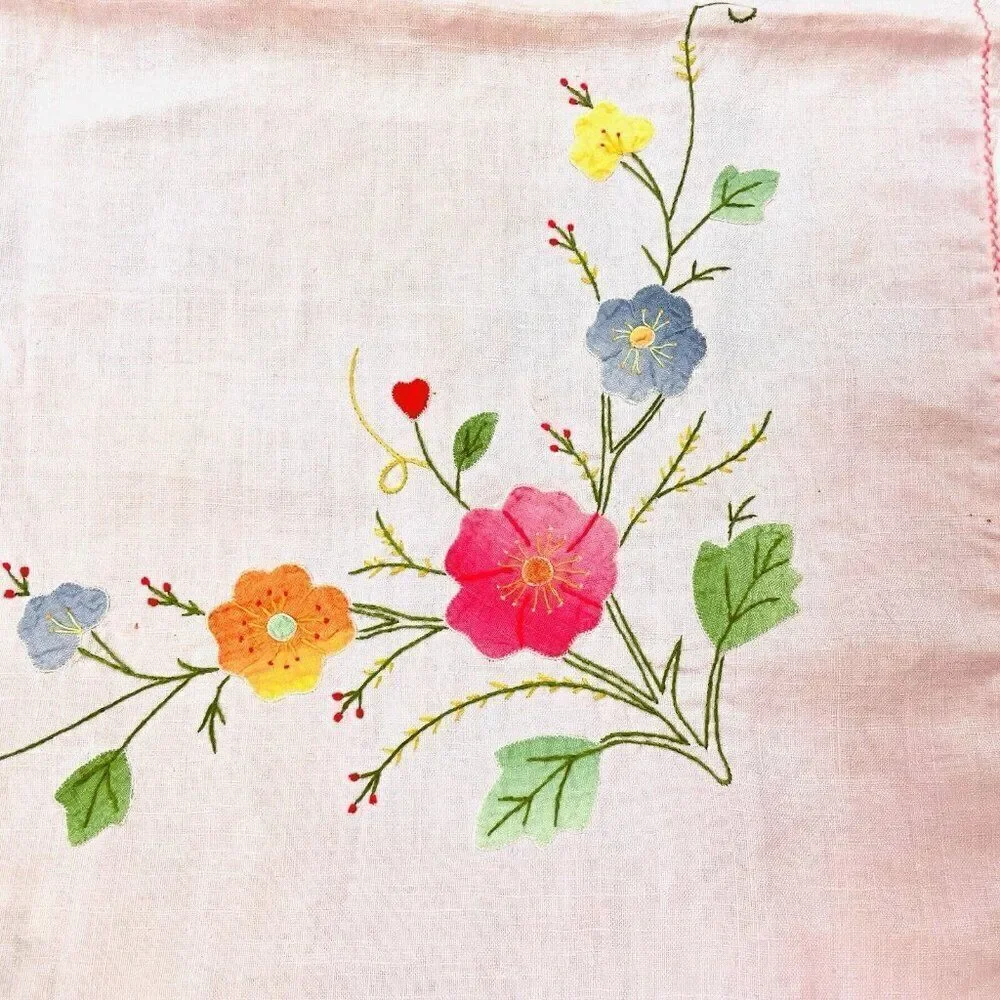Vintage Handmade Pink Square Embroidered Floral Tablecloth 42 x 41 Appliqué Cute